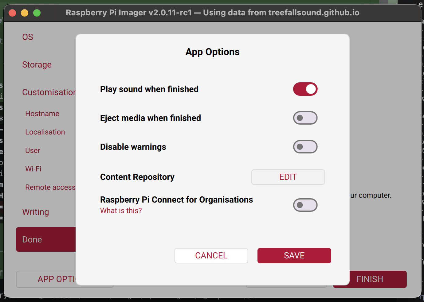 App Options menu open, Content Repository highlighted