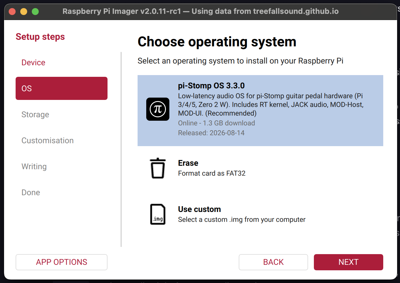 Choose OS list showing pi-Stomp OS with its icon