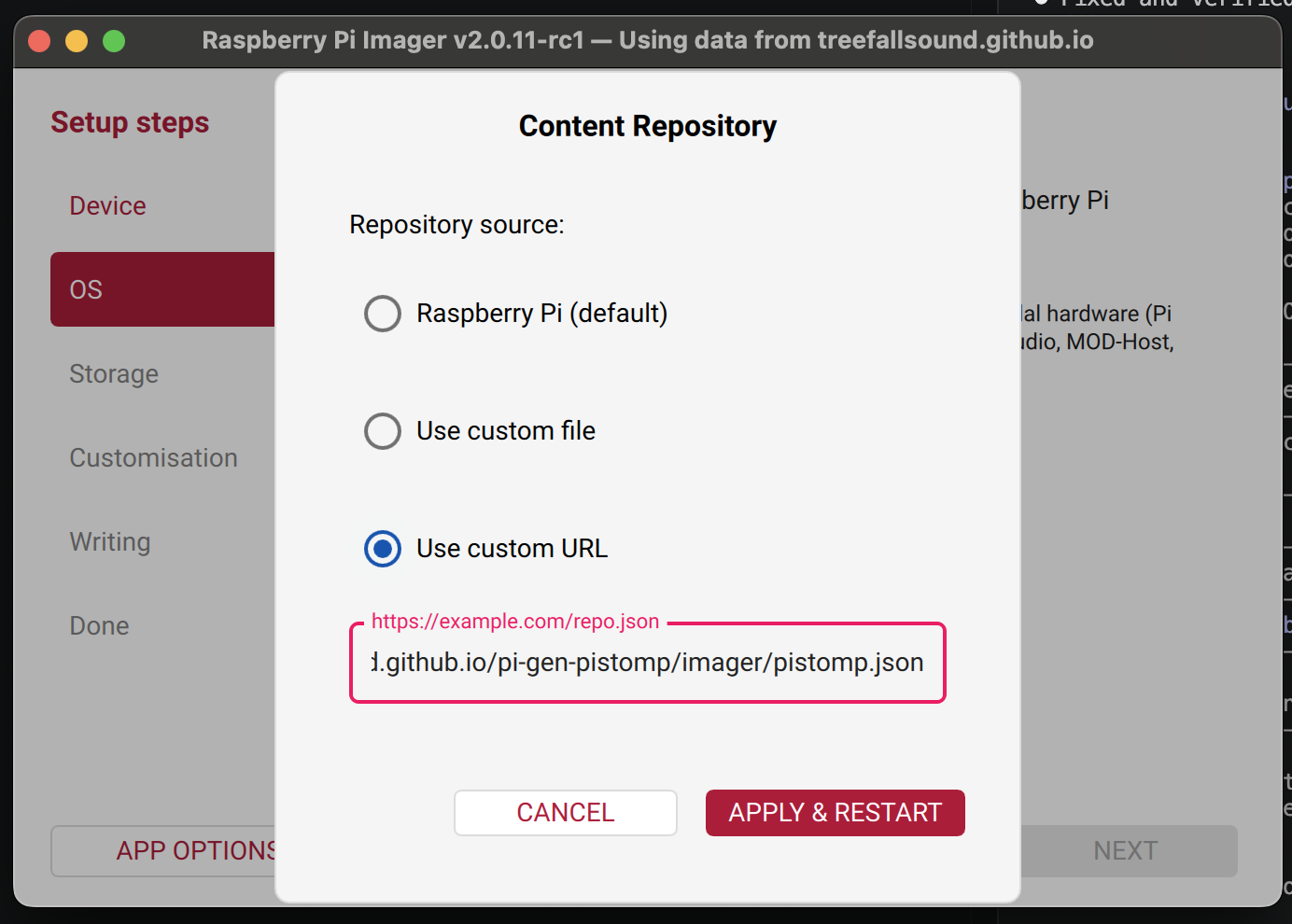 Content Repository dialog with the pistomp.json URL entered