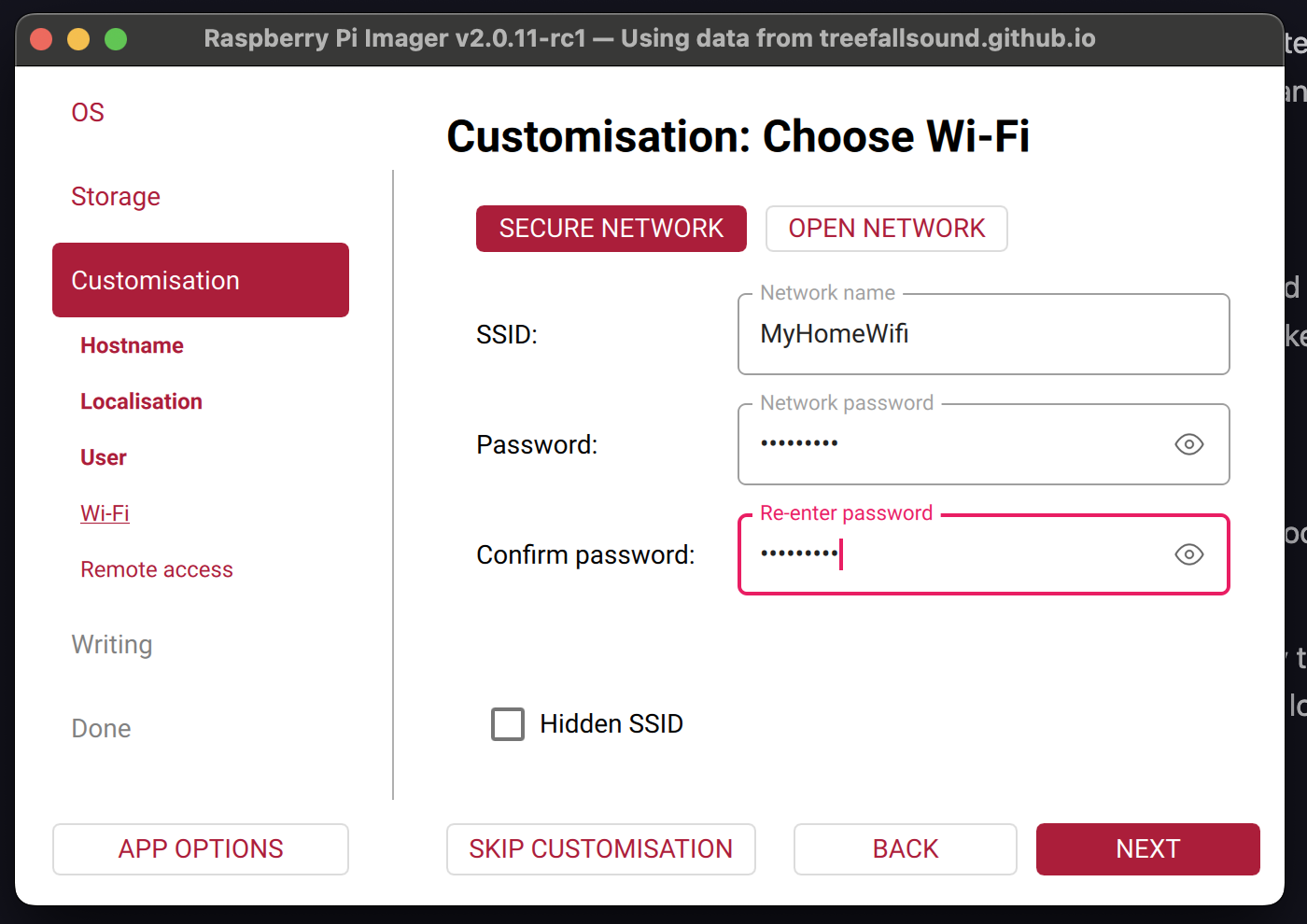 Customization wizard with Wi-Fi and hostname fields