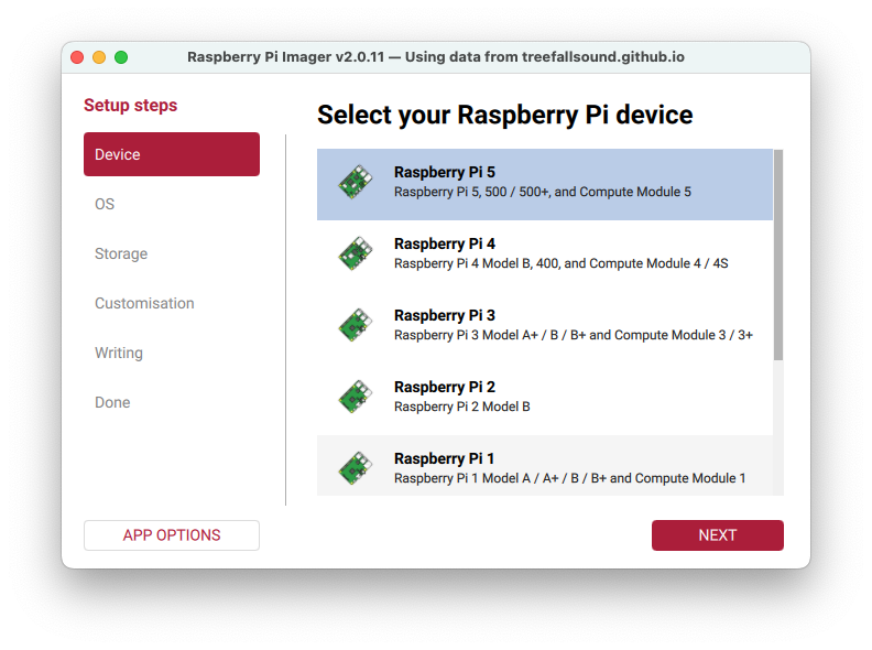 Device dialog with Raspberry Pi 5 selected