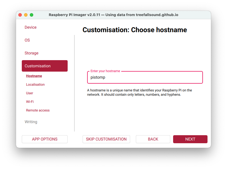 Hostname dialog with pistomp entered