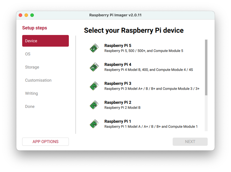 Start dialog, showing APP OPTIONS