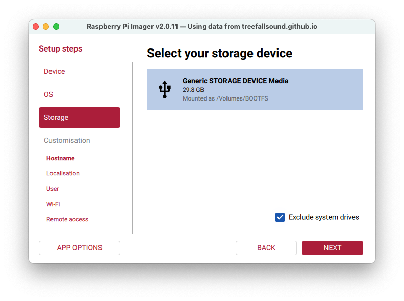 Storage dialog with Generic STORAGE DEVICE Media selected