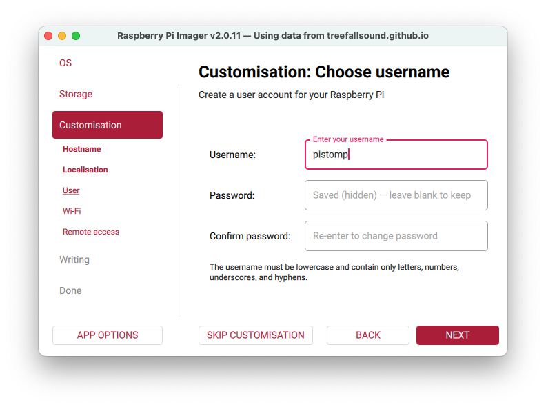 Username dialog with examples shown
